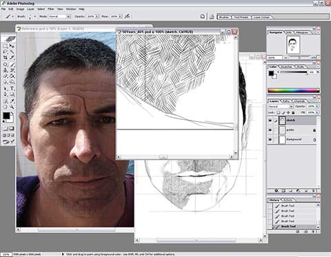 folio-50years-09 Workspace in Photoshop. This is basically how I did it: I had the reference image, a zoomed in canvas and an overview canvas.